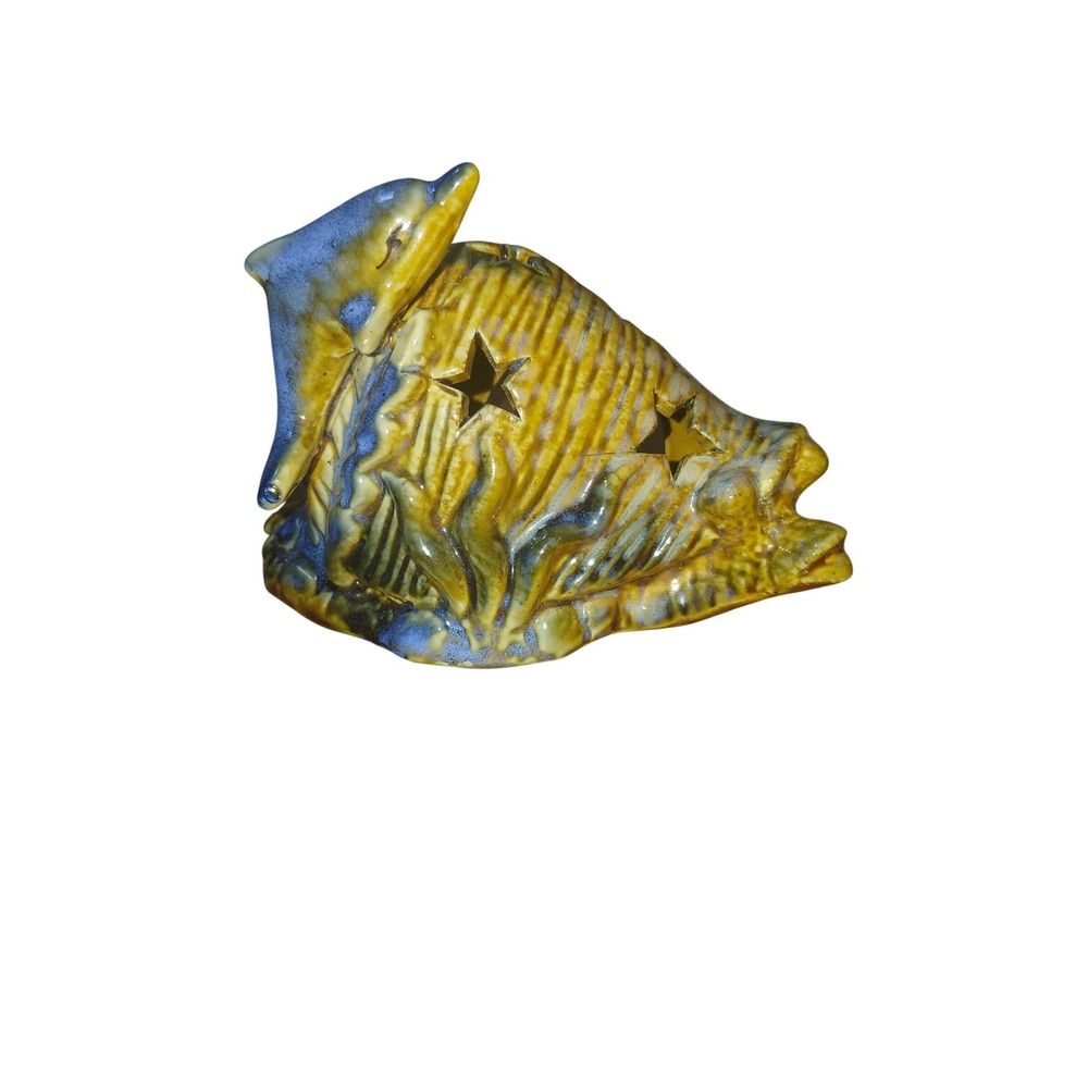 Vintage Ceramic Conch Shell Dolphin Tea Light Candle Holder Blue Yellow Glaze